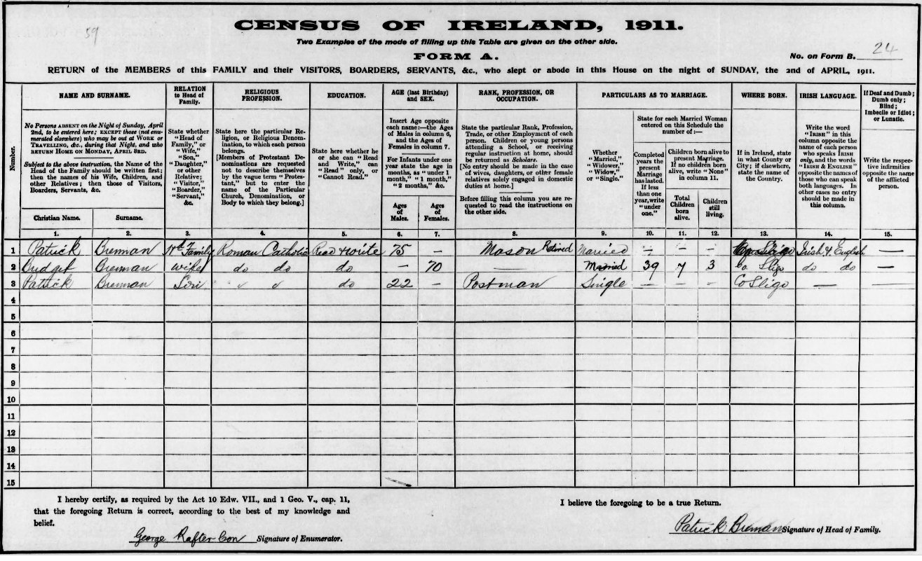 Patrick Dominic BRENNAN 1911 census