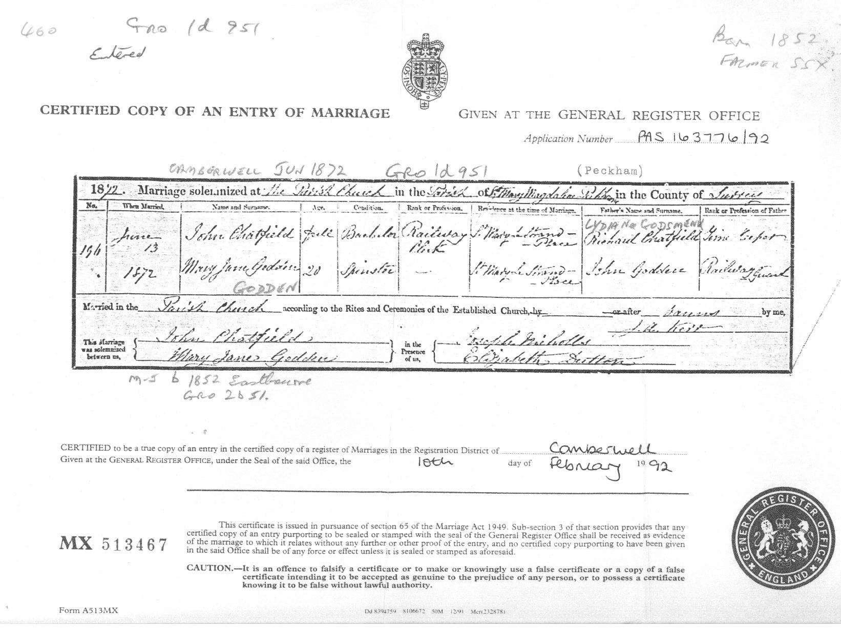 Marriage Certificate: Chatfield John - Godden Mary Jane 1872